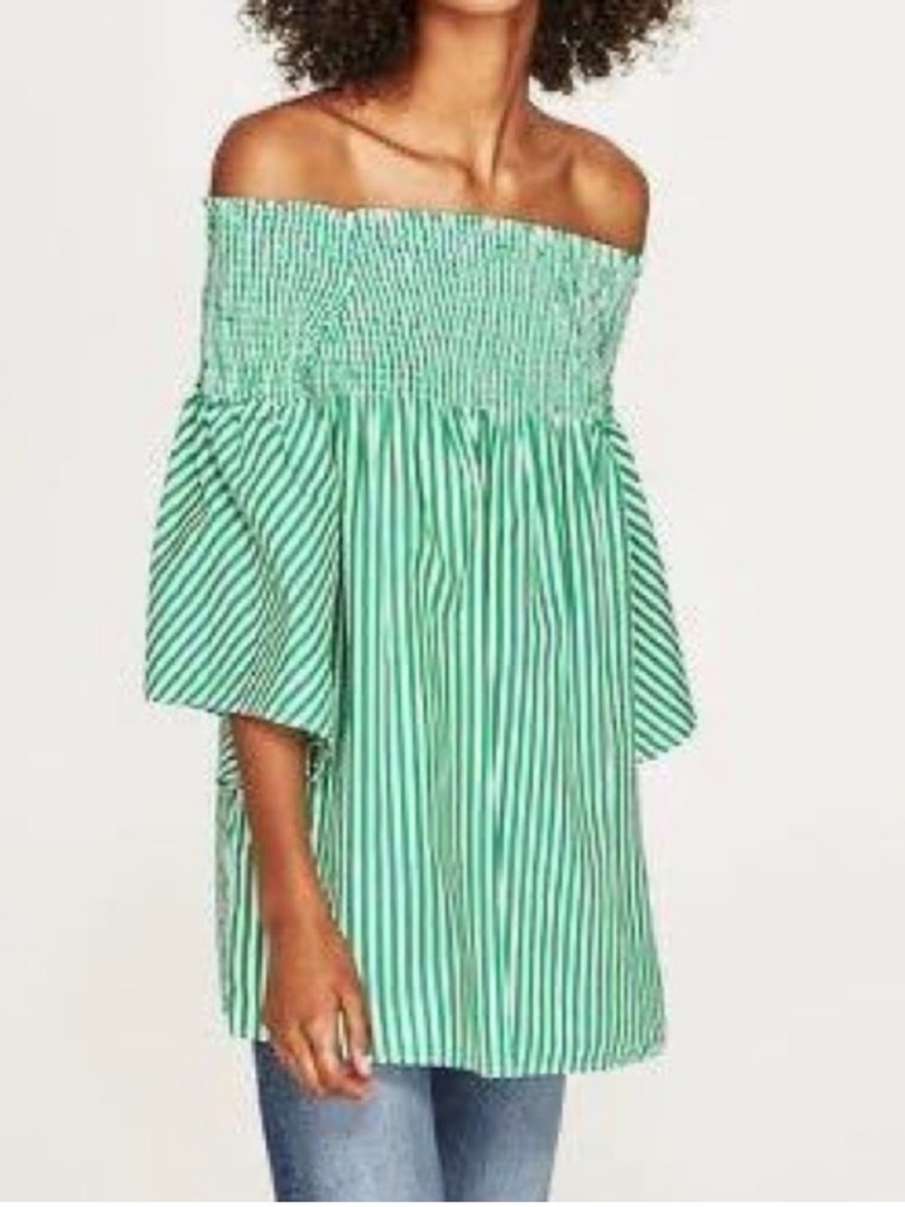 Zara Woman Smocked Striped Off-Shoulder Mini Dress/Tunic Green & White M CoverUp